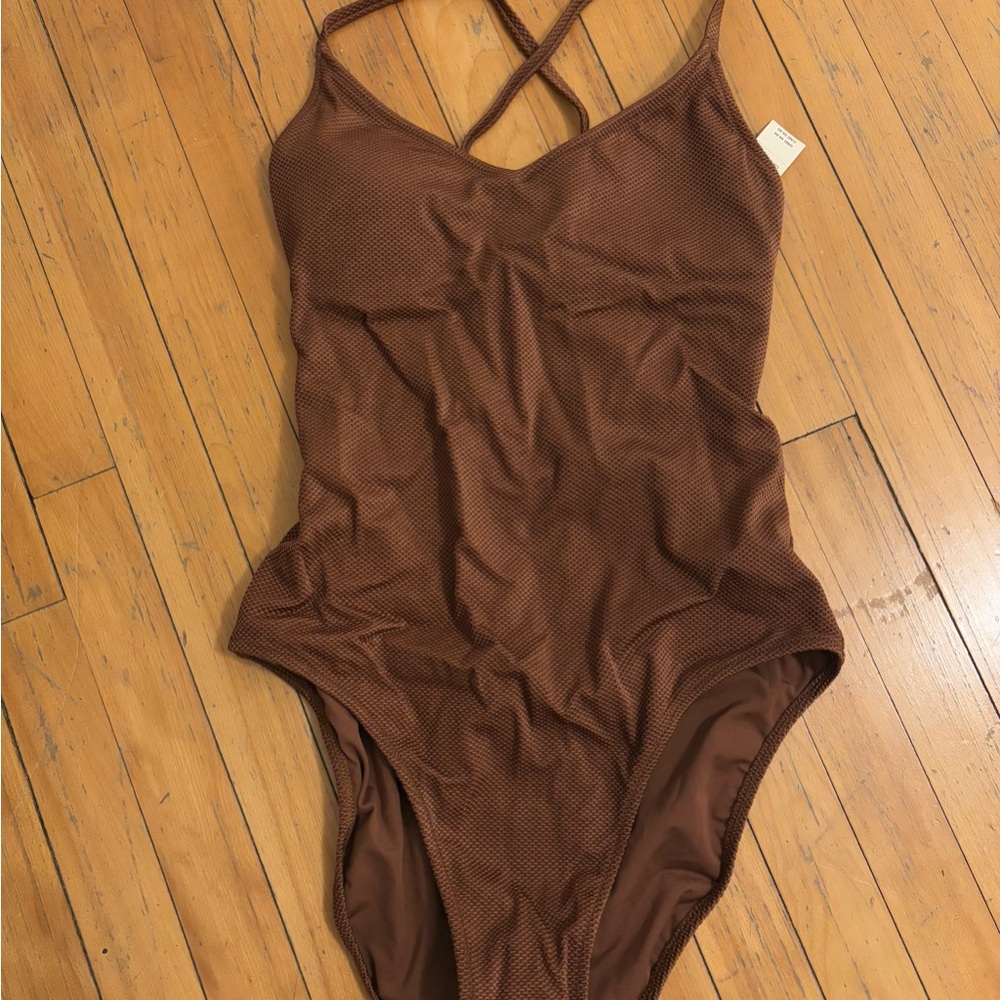 Aerie Strappy Back Brown Textured One-Piece Swimsuit